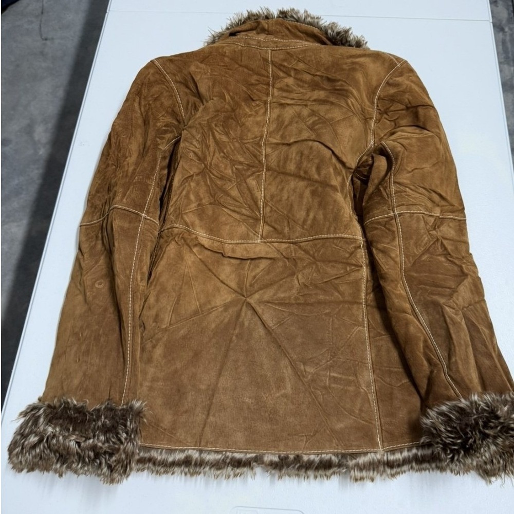 Vintage Tan Suede Leather Afghan Penny Lane Jacket Faux Fur Trim Brown Womens S - Picture 10 of 12